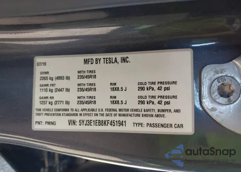 2019 Tesla Model 3 Long Range/Performance from USA, damaged, VIN 5YJ3E1EB8KF451941